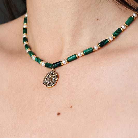 Bamboo Malachite&Pearl Necklace